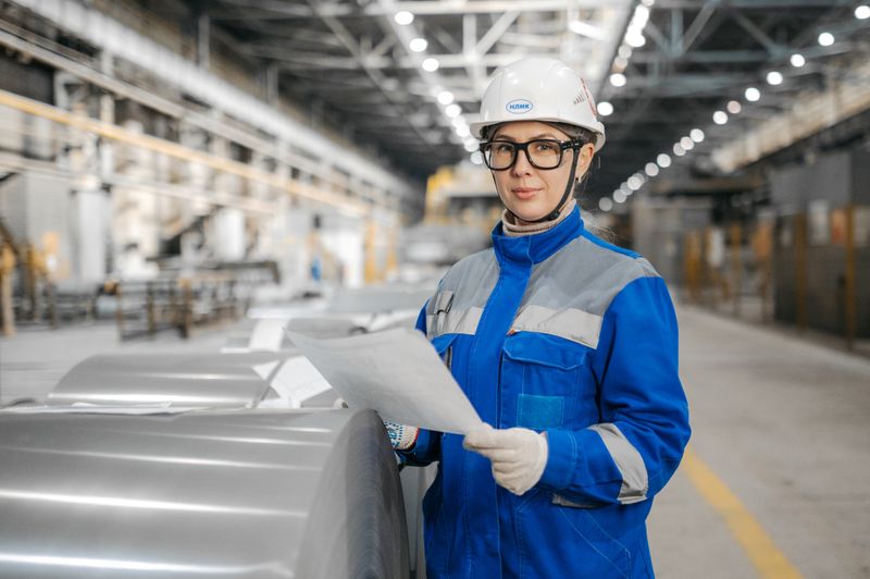 A female engineer wearing safety gear inspects machinery in an industrial factory setting